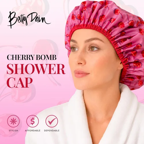 Vista 2 de Betty Dain Gorro de baño y ducha reutilizable, gorro de ducha impermeable de gran tamaño para todas las longitudes de cabello, forro de PEVA Cereza