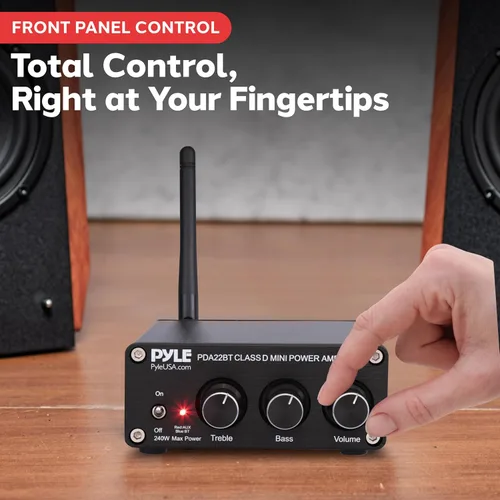 Vista 4 de Pyle Mini amplificador estéreo Bluetooth de 240 W para el hogar, micro receptor compacto de 2 canales con diales de control de graves y agudos Negro