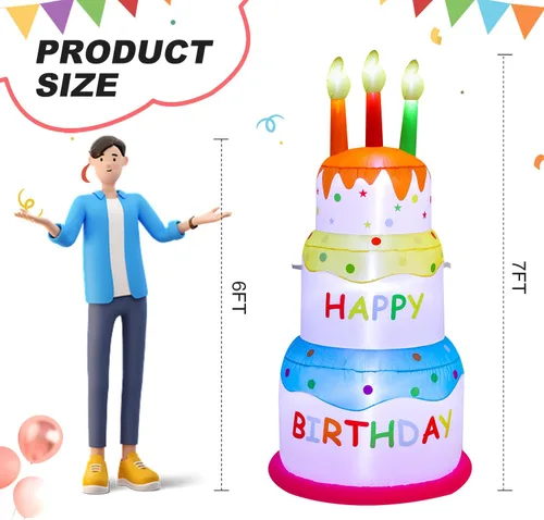 Vista 3 de Pastel inflable de feliz cumpleaños de 6 pies con velas, luces LED integradas, adecuado para decoración de césped en interiores y exteriores