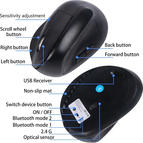 Vista 7 de Ratón inalámbrico Bluetooth, ergonómico, vertical, recargable, silencioso, portátil, inalámbrico, modo dual, de alta precisión, con receptor USB