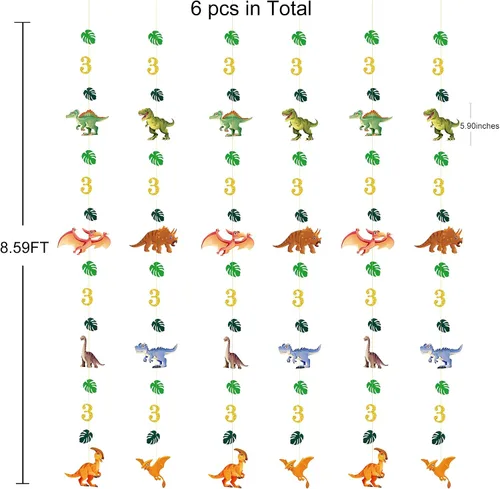 Vista 2 de Decoraciones de cumpleaños de dinosaurio de 52 pies para niños, pancarta de cumpleaños de tercer dinosaurio Rex, guirnalda de serpentinas, telón