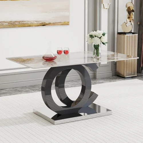 Vista 5 de Ebullient Mesa de comedor de mármol de 63 pulgadas, moderna mesa de cocina rectangular de vidrio, parte superior de mármol PDLB con base de diseño