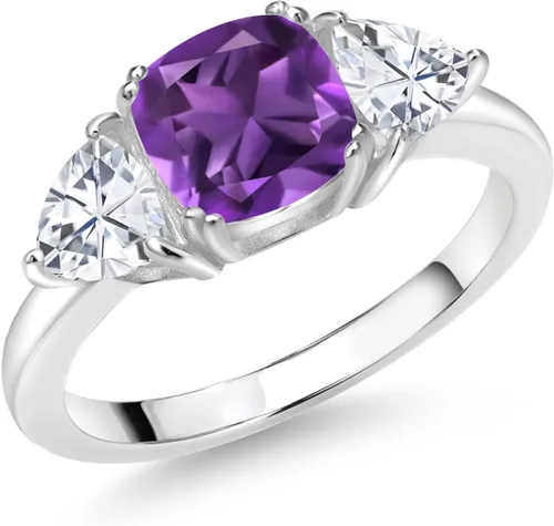 Vista 37 de 925 Sterling Silver Gemstone Birthstone and White Moissanite 3-Stone Engagement Ring for Women 7MM Cushion and 5MM Trillion Accents Three Stone