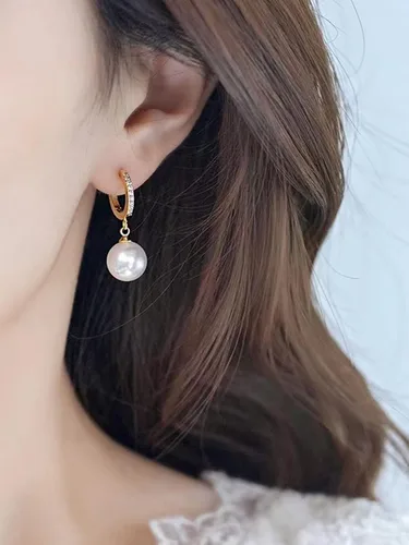 Vista 3 de Aretes de perlas para mujer, aretes de gota de perlas de oro de moda, aretes de aro de perlas de plata, aretes de corazón de perlas pequeñas