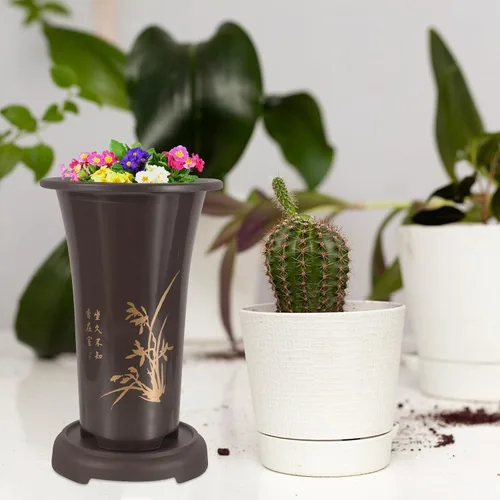 Vista 8 de Macetas de orquídea de cerámica con platillo, juego de 2 macetas grandes para interiores, color arcilla morada, macetas de vivero para plantas