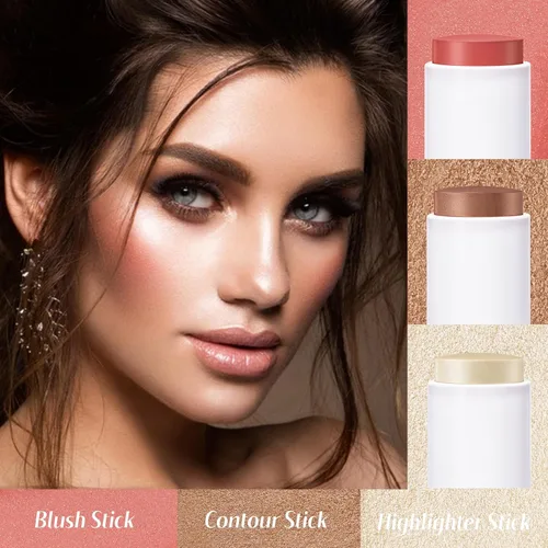 Vista 6 de KIMUSE Trío de palitos faciales, barra de rubor crema e iluminador y barra de contorno para esculpir las mejillas, trío de contorno de crema