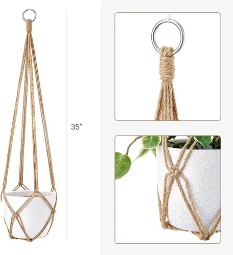 Vista 4 de Dahey Colgador de macramé para plantas, cesta colgante de interior hecha a mano, cuerda de algodón tejida a mano, soporte decorativo de ganchillo