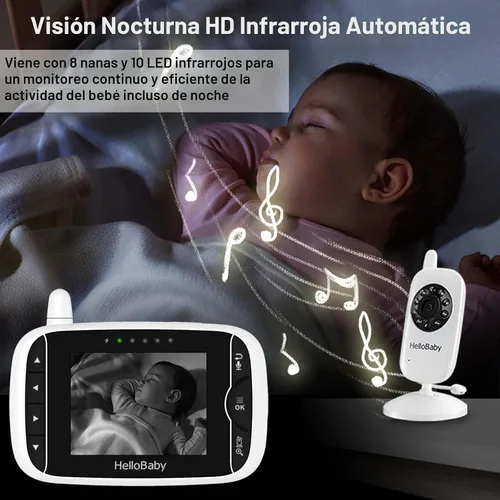 Vista 4 de HelloBaby Monitor de video para bebés con cámara y audio, pantalla LCD de 3.2 pulgadas, visión nocturna infrarroja, audio bidireccional y monitoreo