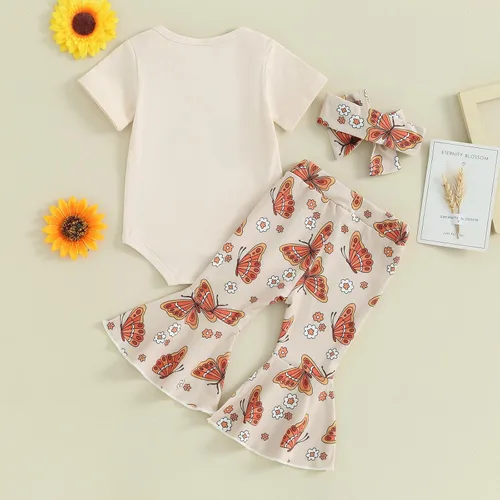 Vista 109 de Sejardin Ropa de verano para bebé y niña, recién nacida, manga corta, con letras, mameluco elástico con diadema