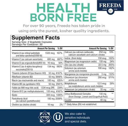 Vista 4 de Freeda Multivitamínico de máxima fuerza – Suplemento diario de alta potencia para adultos activos (hombres y mujeres) – Sin hierro – Compatible