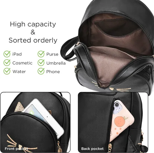 Vista 4 de Mini mochila para niñas, adolescentes y mujeres, pequeña mochila de moda de cuero sintético con estampado de gato