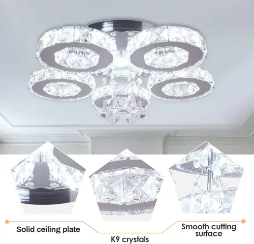 Vista 6 de Lámpara moderna de techo de cristal grande, lámpara de araña LED de cinco anillos, luz colgante para comedor, dormitorio, cocina