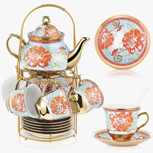 Vista 18 de Zhehao Juego de té de porcelana de 20 piezas con soporte de metal y cuchara para adultos, juego de té de cerámica para adultos, pintura de flores