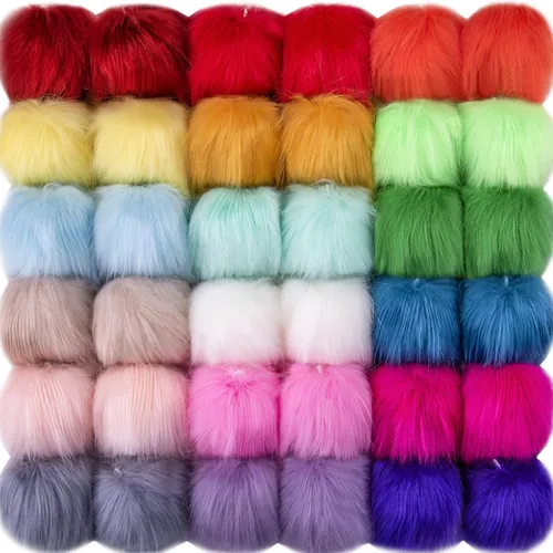 Vista 9 de SIQUK 36 pompones de piel sintética para manualidades, pompón esponjoso con lazo elástico para sombreros, bufandas, guantes, bolsas, accesorios