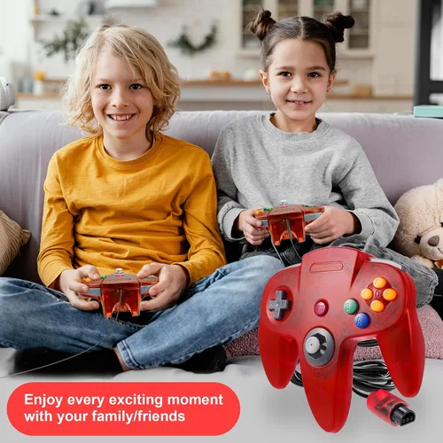 Vista 7 de KIWITATA 2 Pack Classic N64 Controller, Retro N64 Wired Remote Joystick Replacement Gamepad Controller for N64 System Video Games Console Clear Red