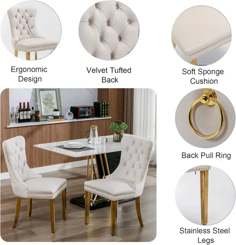 Vista 6 de Juego de 4 mesas de comedor blancas y doradas, mesa de cocina rectangular de 68 pulgadas con parte superior de mármol sintético blanco, mesa de Mesa