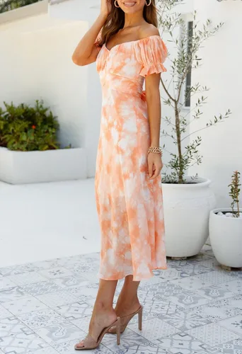 Vista 4 de Linsery - Vestido largo con hombros descubiertos para mujer, cóctel, fiesta, boda, formal, vestido por debajo de la rodilla, con vuelo