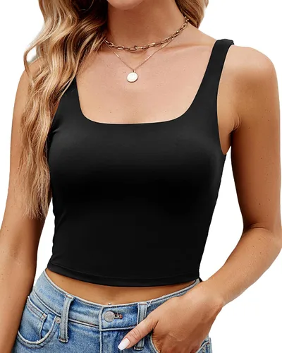 Vista 4 de 3 piezas de camiseta sin mangas para mujer, cuello cuadrado, camiseta sin mangas para fitness, informal, básica, para entrenamiento, yoga, brasier