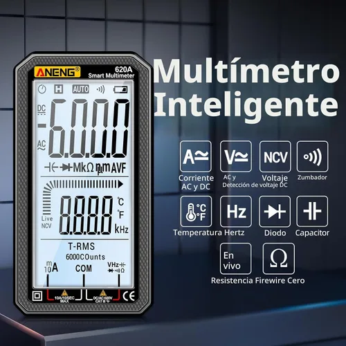 Vista 2 de Multímetro digital de 6000 cuentas, voltímetro de rango automático con LCD, mide corriente CA/CC, voltaje, temperatura de resistencia, para Negro