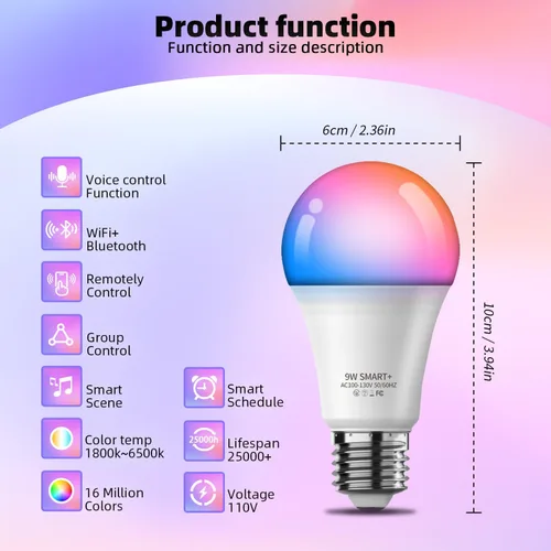 Vista 2 de Bombillas inteligentes con control remoto, bombilla LED multicolor regulable que cambia de color, funciona con Alexa y Google Home, bombilla WiFi