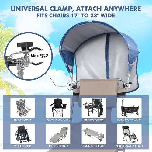 Vista 2 de Toldo Universal para Silla con Sombrilla, Protección Solar UPF 50+ con Abrazadera Ajustable, Compatible con la Mayoría de Marcas de Sillas de Playa