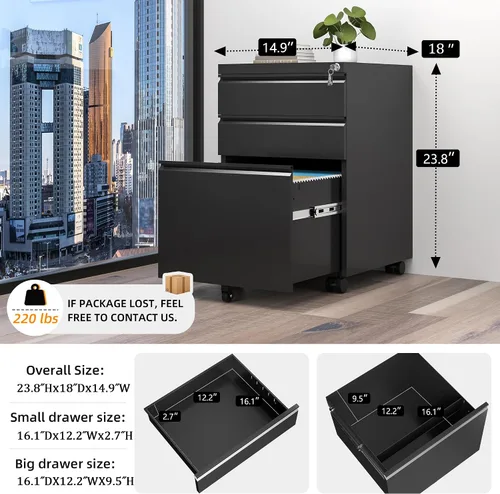 Vista 8 de INTERGREAT - Archivador de 3 cajones, gabinetes de archivo de metal con cerradura, gabinete móvil de oficina con ruedas para tamaño legal/carta