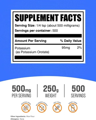 Vista 2 de BulkSupplements Potasio Orotate Powder - Suplemento de potasio, para apoyo de hidratación, suplemento mineral - Sin gluten, 500 mg por porción, 250