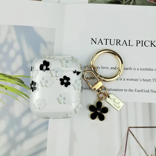 Vista 5 de Funda compatible con AirPods, funda de TPU suave con bonito patrón de flores para AirPods de 2 y 1 generación con llavero colgante y mosquetón