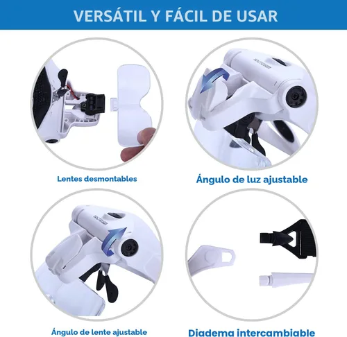 Vista 5 de Lupa YOCTOSUN de cabeza LED, recargable, manos libres, lupa de diadema con 2 LEDs con soporte profesional de luz para fabricación de joyería