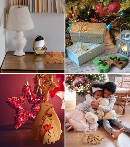 Vista 6 de Figura familiar de animales de madera personalizada con 1-8 nombres, bloques de nombres personalizados de animales para abrazar, regalos de recuerdo