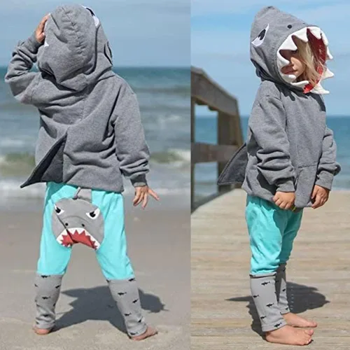 Vista 2 de Disfraz de tiburón de Halloween con capucha para bebé, mameluco de burbujas, leggings a rayas, lindo atuendo