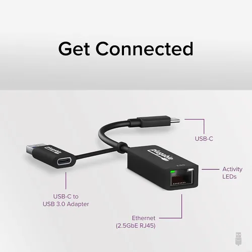 Vista 2 de Plugable Adaptador USB-C 2.5G y USB a Ethernet – Conector Dual 2-en-1 USB-C a RJ45 2.5Gbps LAN, Compatible con Thunderbolt 5 & 4, USB4, USB 3.0