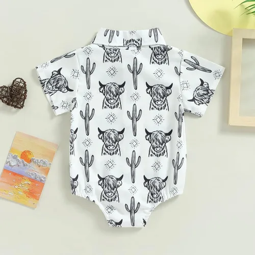 Vista 3 de Ropa occidental para bebé niño, camisa con estampado de vaca, mameluco de manga corta con botones, traje de verano de vaquero