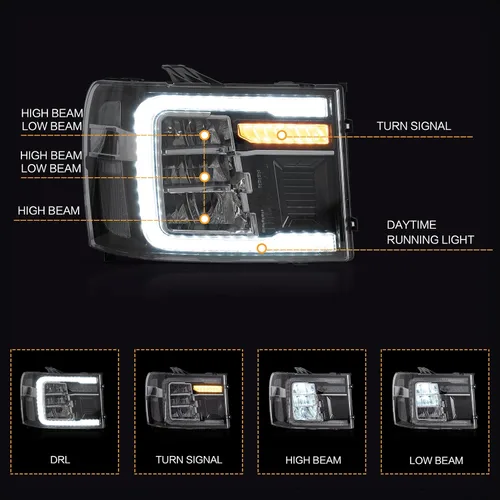 Vista 2 de VLAND Conjunto de Faros Compatible con GMC Sierra 2007-2013 1500HD 2500HD 3500HD, LED Completo, Plug-and-play, Cuenco Reflector