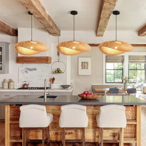 Vista 3 de lámpara colgante de bambú de 19.7 pulgadas estilo granja con enrejado de ratán para comedor, luces boho, accesorio de iluminación para isla