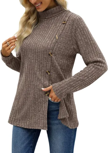 Vista 3 de OFEEFAN Tops de manga larga con cuello alto falso y botones laterales para mujer