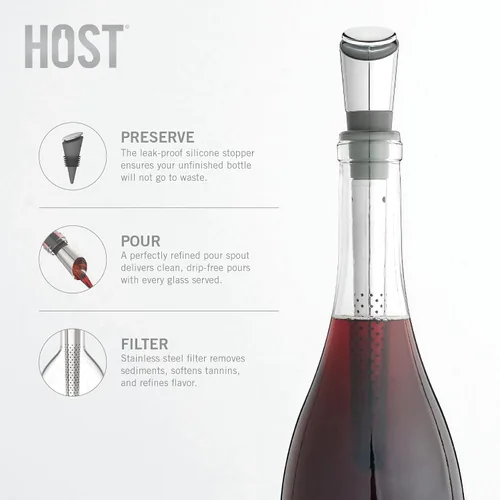 Vista 2 de Host Filtro de vino con tapón, purificador de vino de acero inoxidable para eliminar histaminas, sulfitos y suavizar taninos, incluye tapón