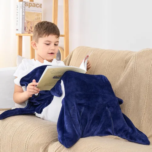 Vista 7 de Softan Manta de tiburón para niños, franela suave, juguetes para niños, manta de forro polar con cola de tiburón, azul oscuro, cálida y suave