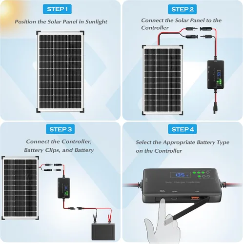 Vista 4 de Voltset - Kit de panel solar de 100W: Mantenedor de cargador de batería solar monocristalino de 12 voltios con controlador PWM de 20A - Cargador