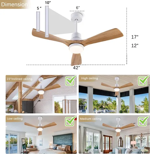 Vista 5 de Ventilador de techo silencioso de 42 pulgadas con control remoto, 3 velocidades, madera maciza 3CCT, mobile app, full memory function, for use in