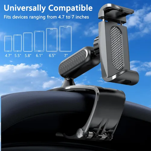 Vista 4 de Soporte para clip de teléfono para tablero de automóvil, soporte giratorio de 360° para volante de salpicadero compatible con teléfonos inteligentes