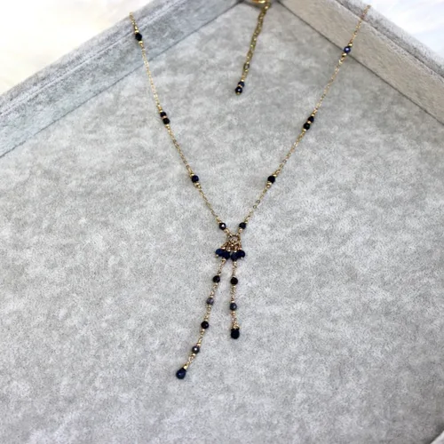 Vista 8 de Collar con borla de cadena chapada en oro de 14 quilates con zafiro azul, collar de cadena delicada. Regalos para mujer