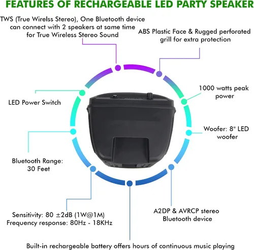 Vista 5 de Technical Pro Altavoz Bluetooth portátil de 800 vatios de 8 pulgadas con woofer y tweeter, altavoz LED PA para festivales con tarjeta Bluetooth/USB