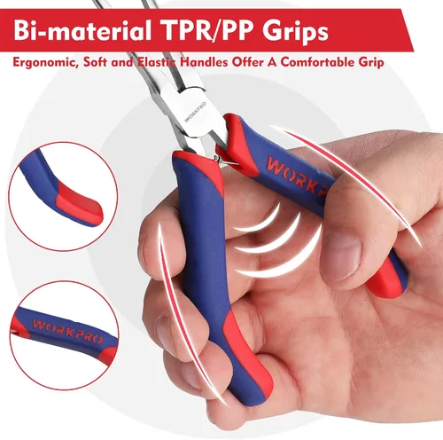 Vista 5 de WORKPRO Alicates de punta de aguja de 6 pulgadas (mandíbula suave), mini alicates de punta larga con asas de agarre cómodo, alicates de joyería