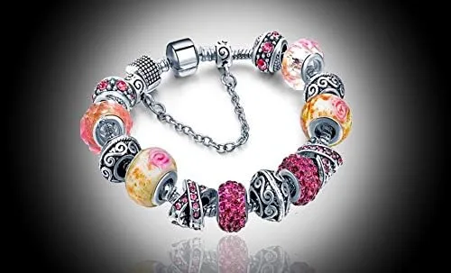 Vista 2 de Savlano Silver Tone Charm Bracelet with Crystal and Murano Glass Beads Snake Chain for Women Comes in a Gift Box