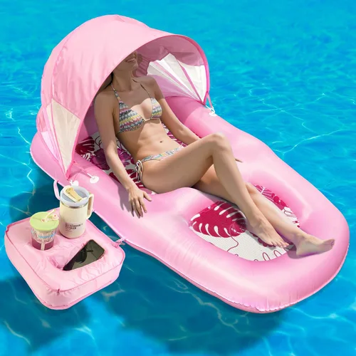 Vista 10 de Fabric Covered Inflatable Pool Lounger Float Adult, 70"x39" Extra Large Pool Float w/ UPF50+ Sunshade Canopy & Cupholder Caddy, Water Floaties Raft