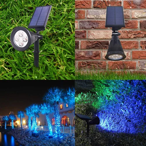 Vista 9 de Focos solares impermeables para exteriores, 4 luces LED para exteriores para patio, jardín, camino, focos de paisaje rojo y azul, luces LED solares