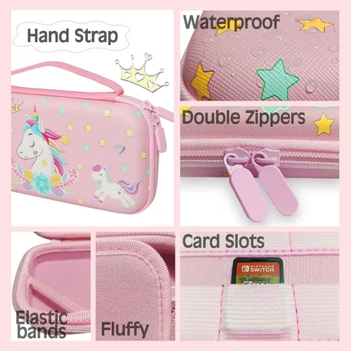 Vista 5 de Funda de transporte de unicornio rosa compatible con Nintendo Switch no OLED ni Lite con funda protectora acoplable protector de pantalla