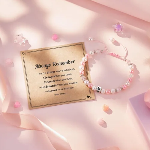 Vista 4 de ASKRAIN Pulsera de perlas rosas y blancas de cumpleaños para niñas