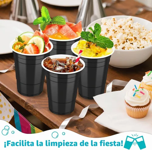 Vista 3 de LANLISA 50 vasos de plástico negros, vasos desechables de 16 onzas, tazas para beber para suministros de fiesta
